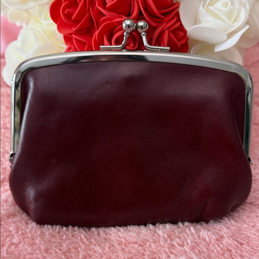 Vintage Maroon Leather Coin Purse with Silver Snap Closure